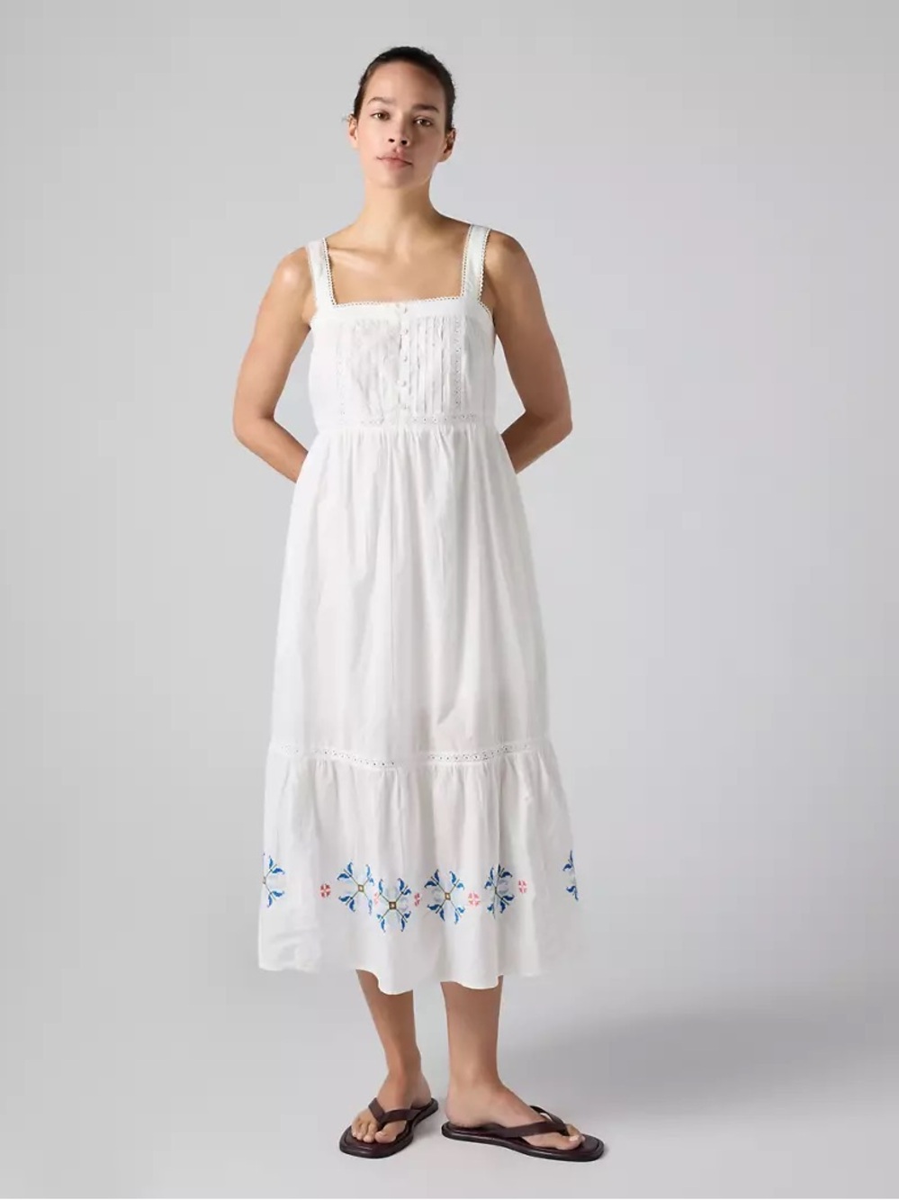Levi's White Maxi Dress with Blue and Pink Embroidery